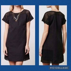 Anthropologie Girls From Savoy Black Linen Blend Shift Dress, Crochet Details